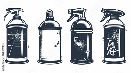 Four ink sketch style spray cans with unique nozzle types, distressed paint patterns