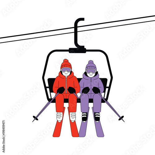 Two skiers ride a chairlift enjoying a winter day on the slopes
