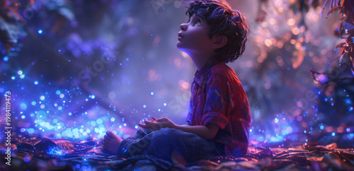 Enchanted Children Reading Books in Cozy, Magical Evening Environments with Christmas Lights and Sparks