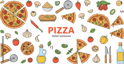 Colorful Pizza Ingredients and Slices Illustration Set with Vegetables, Cheese, Herbs, and Cooking Elements for Menu Design and Food Graphics