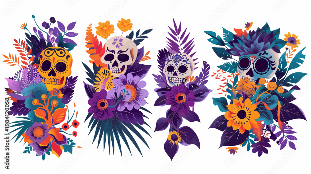 Naklejka premium Four colorful sugar skull floral arrangements, facing forward on white background