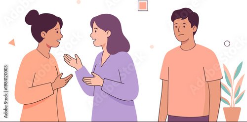 People are talking and gesturing in a casual conversation indoors.