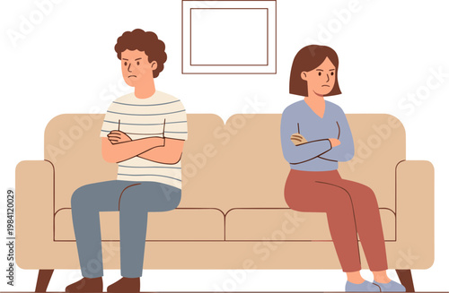 Couple sitting on couch with crossed arms in living room looking away