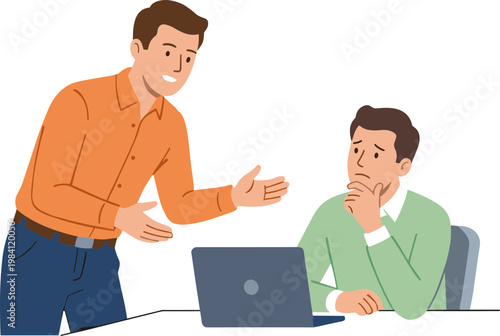 Two men discuss and examine a laptop computer screen intently together