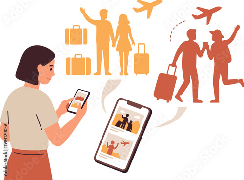 Woman uses phone to plan travel with friends at airport departure