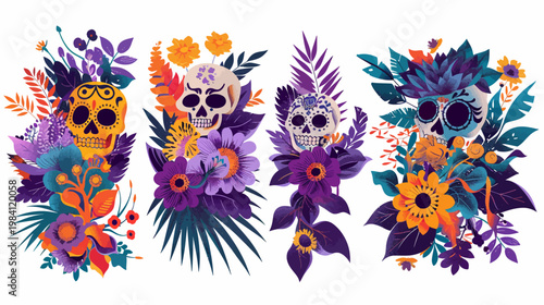 Four colorful sugar skull floral arrangements, facing forward on white background