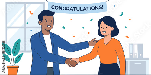 Two colleagues shake hands in an office with confetti celebration