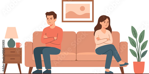 A couple sits on a couch with crossed arms in a living room.