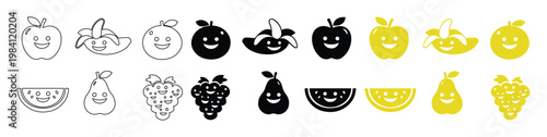 Kawaii fruit emoji icons set, cute smiling food characters in vector format, happy apple banana orange pear and grape stickers for kids education
