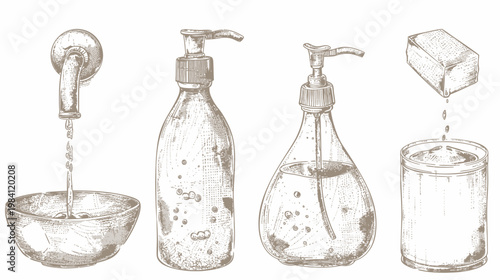 Etched line art of a faucet filling a bowl, bottles of soap, and a bar of soap