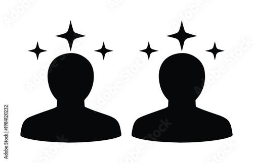 Minimalist human head silhouettes with shining stars, creative thinking and mental health concept vector, black profile icons for psychology and brainstorming