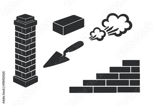 Bricklaying construction icons set, masonry building tools and brick wall elements, black silhouette vector graphics for industrial design