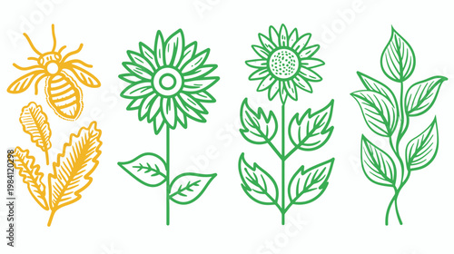 Botanical illustrations featuring bee, sunflower variations, and leafy sprig, lined style