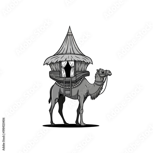 Camel Caravan with Traditional Hut - Desert Journey Illustration