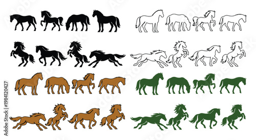 Horse silhouette and outline vector set, 32 stallion icons in black brown and green, galloping and jumping equine animal collection for equestrian design