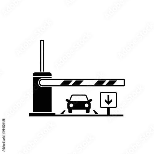 Car entering automated parking barrier gate with downward arrow sign