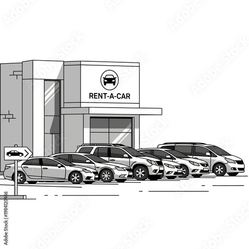 Car Rental Agency Building with Variety of Vehicles Lined Up Outside