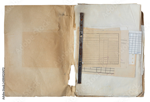 Bilde på lerret Top view of old worn paper folder with vintage accounting documents, ledger shee