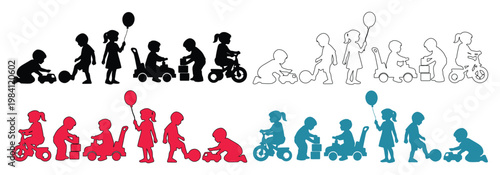Children playing silhouette vector set, kids playing with toys and bicycles icons, preschool activity silhouettes for educational design