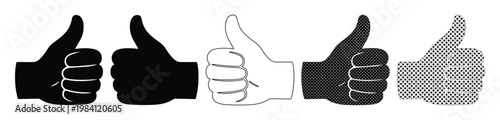 Thumbs up icon set with 5 vector elements, black and white hand gestures for approval, social media like symbols for feedback and success