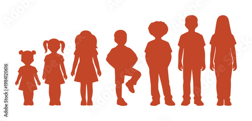 Minimalist children silhouettes in terracotta orange, diverse group of kids standing in a row, flat vector set of seven young students and toddlers