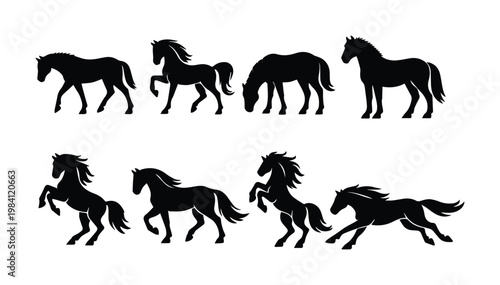 Dynamic horse silhouettes, eight distinct black equine vectors, powerful stallion and mare poses, majestic animal illustrations for branding and design projects