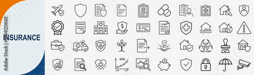 Insurance icons set, thin line vector icons for life and property protection