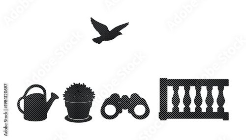 Minimalist garden and nature icons, black silhouette vector set. Outdoor living, bird watching, and plant care symbols for web design, apps, and print.