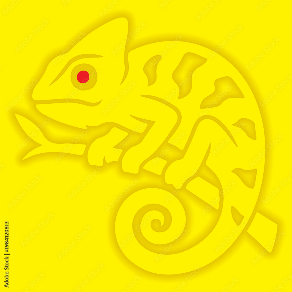 Fototapeta premium Golden embossed chameleon with glowing red eye on yellow.