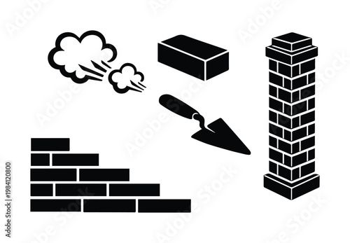 Black and white bricklaying construction vector icon set, essential masonry tools and materials, building wall elements, chimney structure, and smoke puff for architectural design and