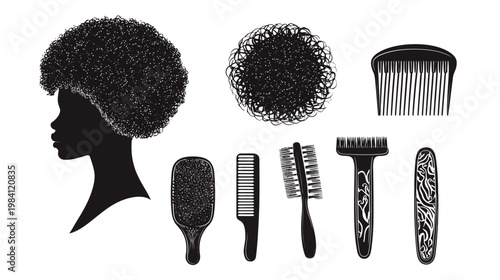 Silhouetted portrait of person with Afro hair and set of various hair styling tools