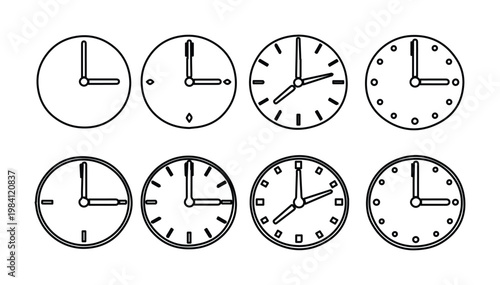 Minimalist clock icon set, eight black and white outline time symbols, simple analog watch vector collection for scheduling and deadlines