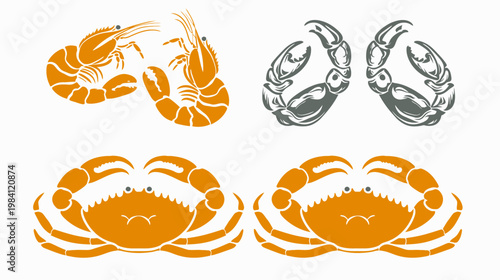 Stylized orange shrimp and crabs on a white background, symmetrical and cartoonish