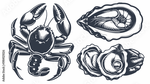 Stylized, dark-blue seafood illustration featuring a crab and two oysters on white