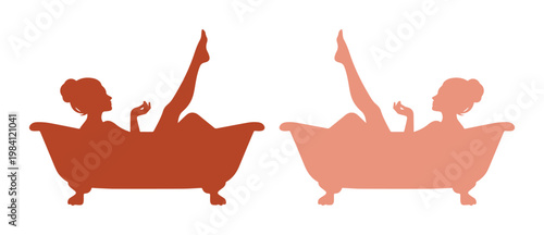 Relaxing Woman in Bathtub Vector Set, Two Silhouettes of Female Figures Enjoying a Bath, Spa and Self-Care Concept for Wellness and Beauty Designs
