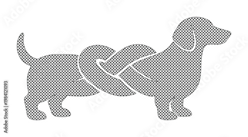 Playful dachshund dog vector illustration, humorous knotted sausage dog graphic, unique pet animal design, whimsical canine art for merchandise and branding