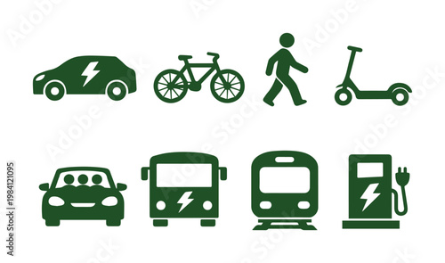 Green transportation vector icons, sustainable urban mobility symbols, eco-friendly electric vehicles, public transit, and active travel set for environmental projects