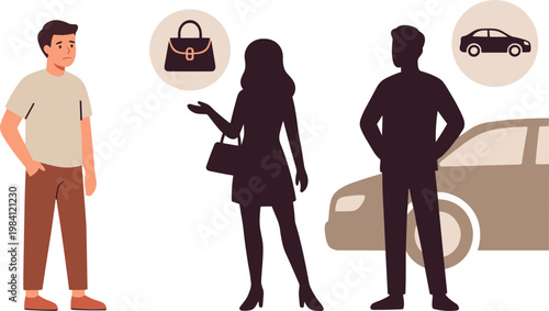 People standing near car discussing with silhouettes and icons above