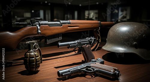 Vintage military equipment on wooden surface