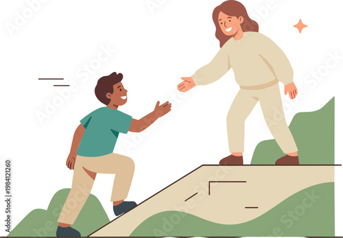 A woman helps a man climbing up a steep path on a hill