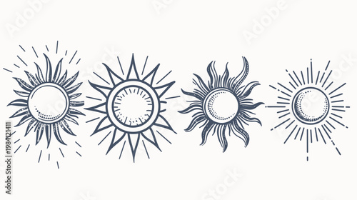 Four hand-drawn suns with various ray designs, illustrated with textures and patterns