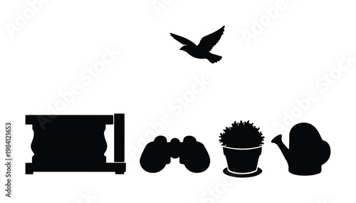 Iconos de naturaleza y aire libre, siluetas vectoriales minimalistas de pájaro, binoculares, maceta y regadera, elementos gráficos para diseño de aventura y jardinería