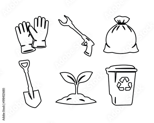 Environmental cleanup tools vector set, eco-friendly gardening equipment, waste management and recycling icons, sustainable living illustrations for earth day projects