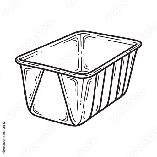 Black and white line drawing of an empty aluminum foil container