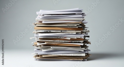 A stack of papers and documents, piled high and organized, against a plain background.