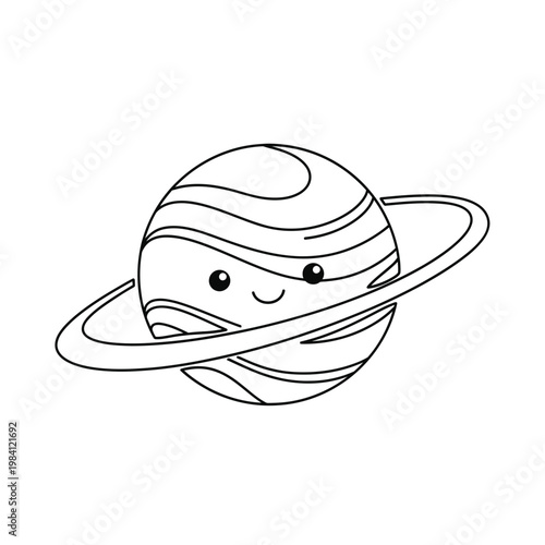 Cute Cartoon Planet Saturn with Rings, Outline Drawing
