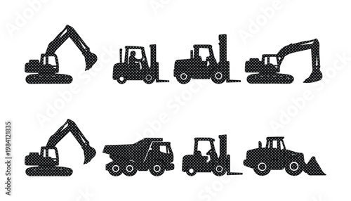 Heavy construction machinery silhouette set, industrial excavator and forklift vector icons, 8 black transport vehicle elements for logistics and building