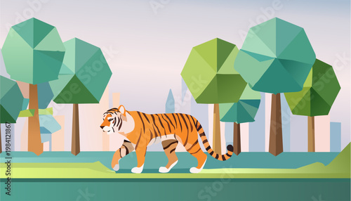 cartoon tiger in a forest with striped orange fur and wildlife tree nature background