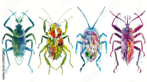 Four colorful watercolor style beetles, different shapes and hues, arranged side by side