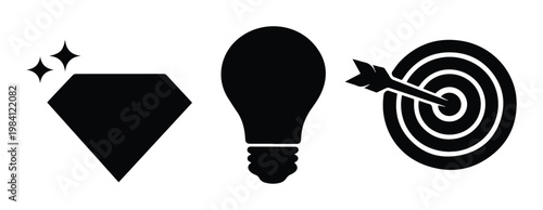 Iconos vectoriales de éxito empresarial, calidad y estrategia; conjunto de símbolos de diamante, bombilla y diana con flecha, ideal para conceptos de negocio y creatividad.